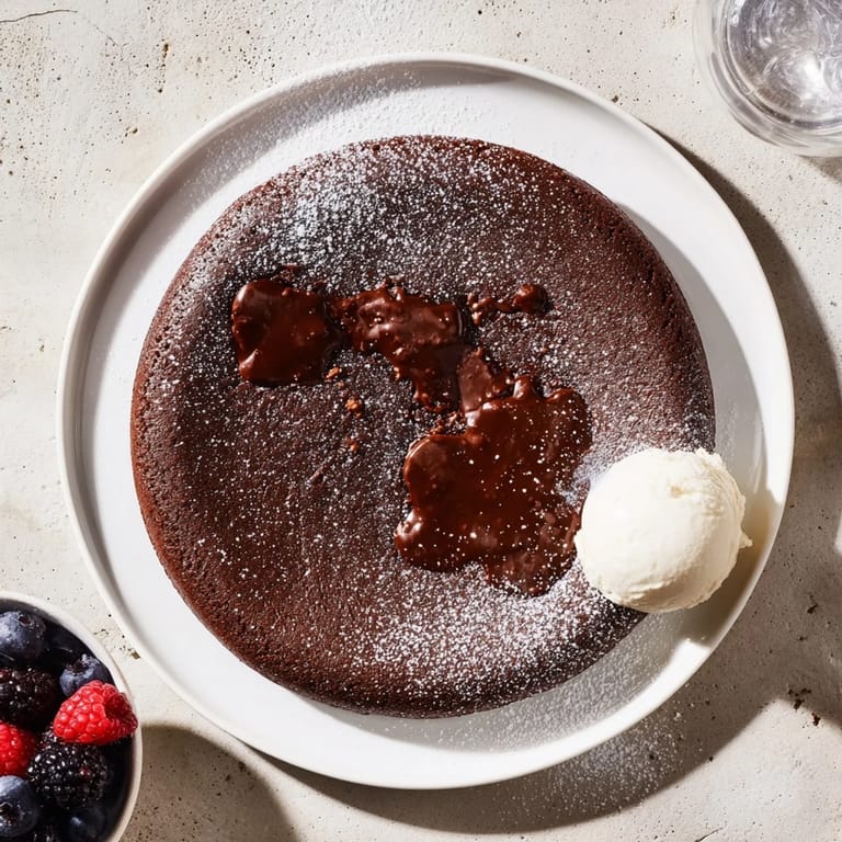 Rich, molten center of cocoa-warm dark chocolate lava cakes cascading onto plates as dessert.