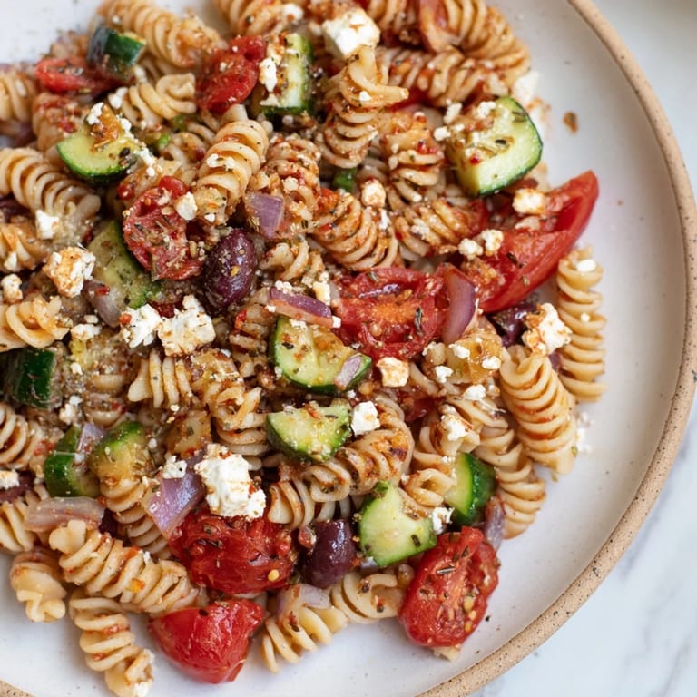 Zesty Mediterranean olive oil and feta pasta salad, piled high with creamy feta and Kalamata olives.