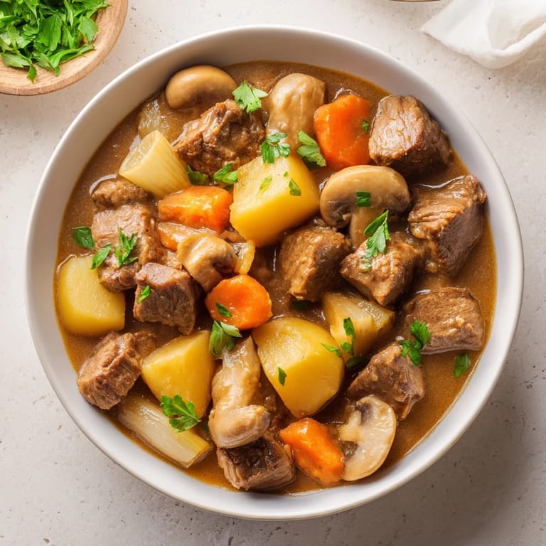 Tender beef stew with hearty root vegetables served alongside warm, golden homemade bread.