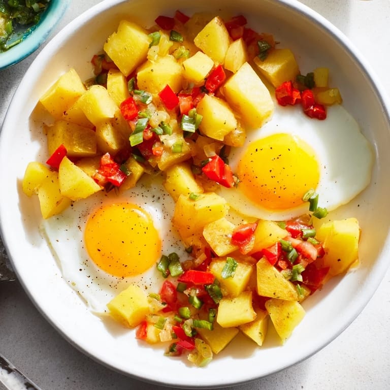 Sizzling skillet featuring perfectly cooked eggs nestled within Simple Skillet Egg and Potato Hash.