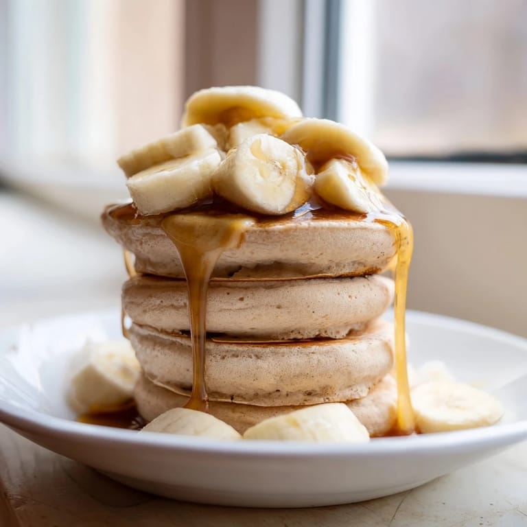 Warm maple syrup cascades over golden Weekend Golden-Brunch Banana Pancakes with sliced bananas, the perfect brunch.