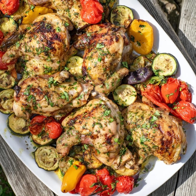 Tender, marinated Basil-Soft Chicken and Veggie Sheet Pan Dinner, roasted alongside garden-fresh vegetables.