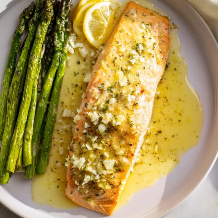 Golden pan-seared Skillet Lemon-Butter Salmon, with asparagus, garnished with fresh parsley and lemon slices; ready to savor.