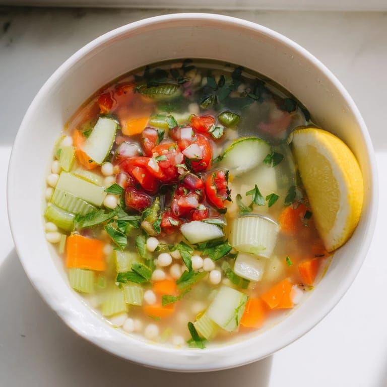 Warm bowl of Simple Homemade Grain and Vegetable Soup, ready to eat with fresh parsley and lemon.