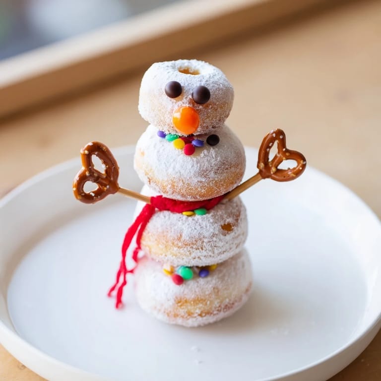A close-up of the easy mini donut snowman recipe, perfect for winter holiday treats.