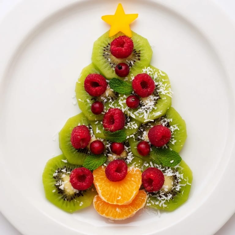 Fresh kiwi slices and juicy red raspberries artfully form this beautiful Christmas tree fruit platter, ready to eat.