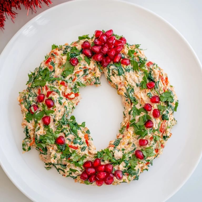 Enjoy a savory bite of the beautiful Red Pepper and Spinach Dip Wreath, served with colorful veggies.