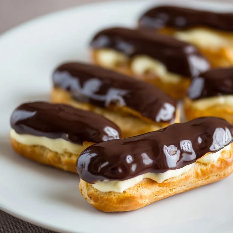 Close-up of freshly made mini chocolate éclairs, showcasing the elegant pastry and decadent chocolate.