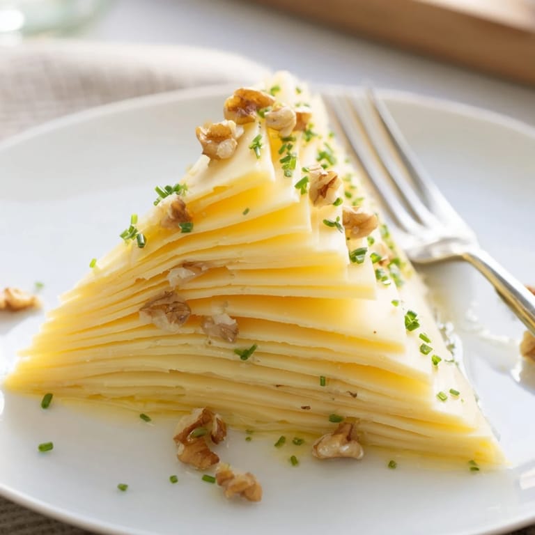 Golden Swiss cheese fan, garnished with chives, ideal for easy entertaining with friends and family.