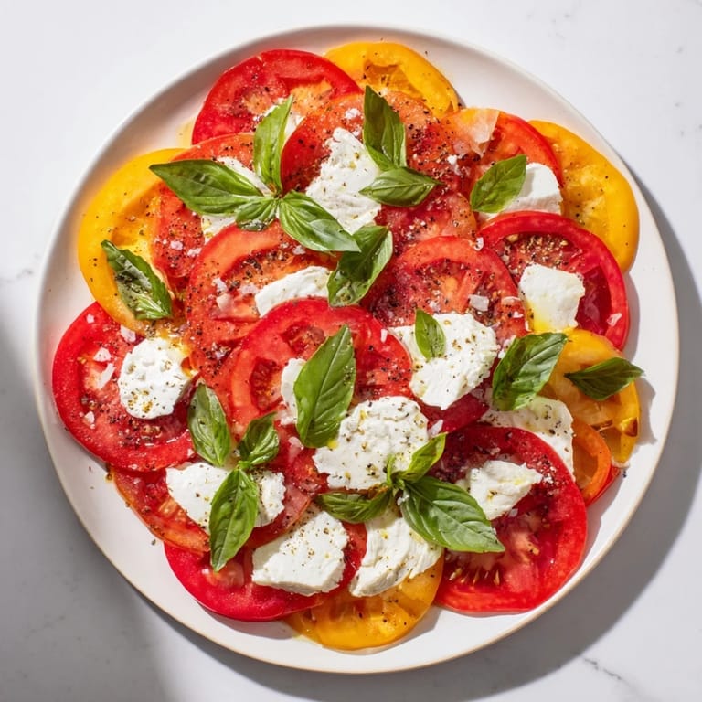 Bright red tomato and mozzarella cheese rounds layered beautifully with fresh basil, ready for a bite.