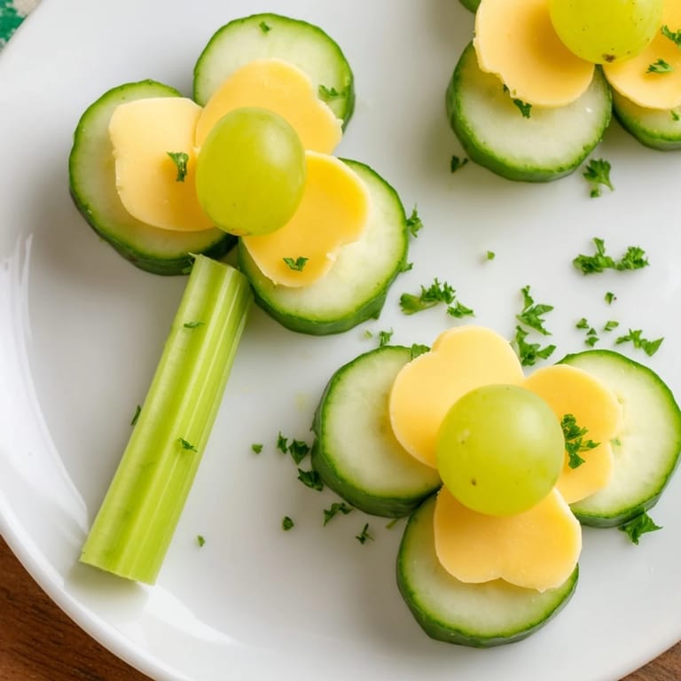 Vibrant Lucky Four-Leaf Clover Snack featuring cucumber "leaves" and a cherry tomato center, perfect for a party.