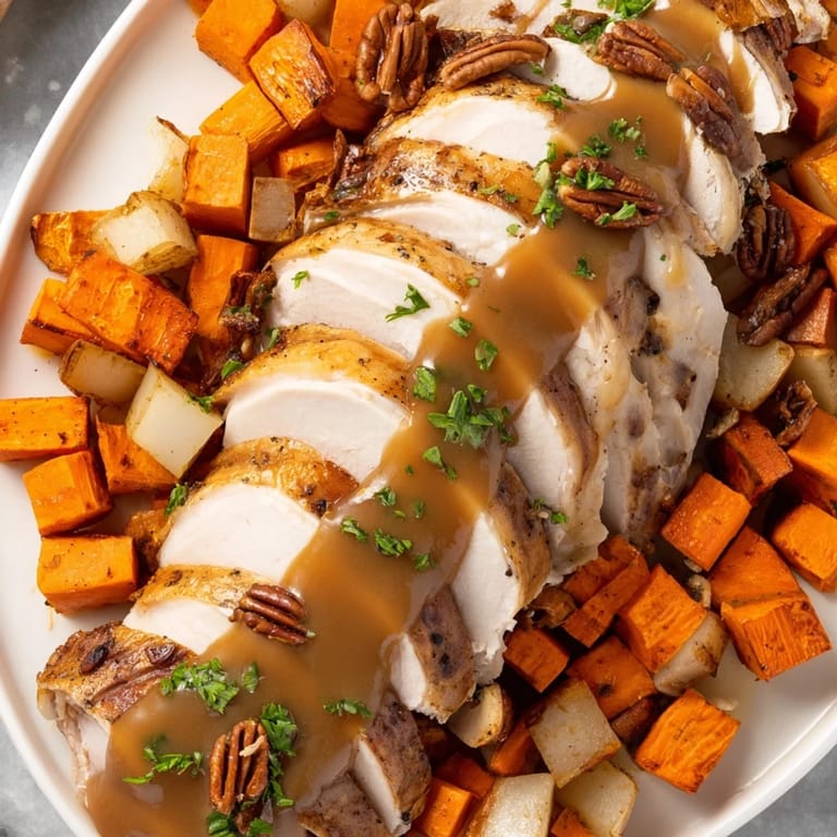 This festive Chains of the Mayflower recipe shows a gorgeous arrangement of glistening turkey and roasted root vegetables.