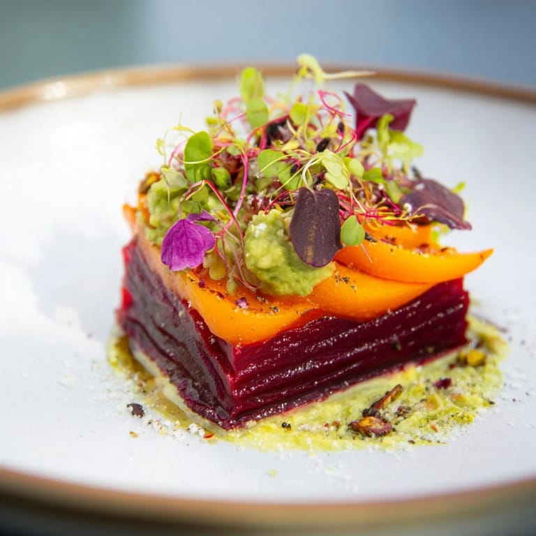 A close-up view of The Modernist Stripe, a fresh and colorful vegetarian dish on display.