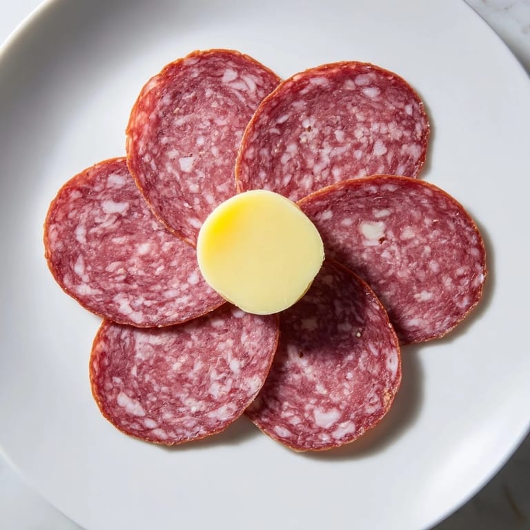 Elegant Tudor Rose hors d'oeuvre: a beautiful salami flower with a yellow cheese centerpiece.