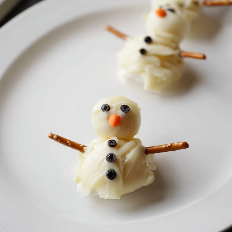 Creamy Melted Snowman Cheese Bites are artfully arranged, a holiday appetizer perfect for parties.