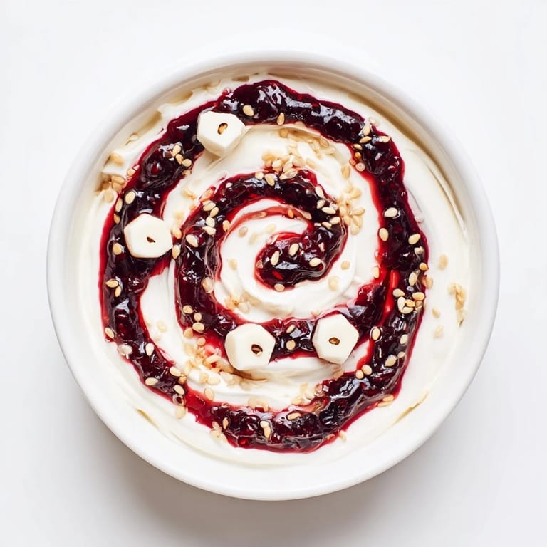 Visually appealing Galaxy Spiral: creamy yogurt swirled with dark jam, dotted with goat cheese stars.