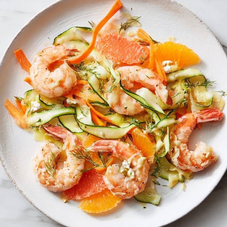 Golden-brown Gruyère topping The Coral Reef shrimp dish alongside vibrant orange and grapefruit segments.