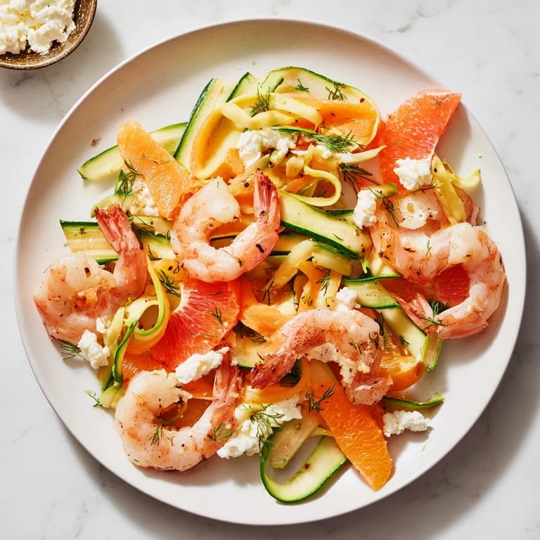 A close-up of The Coral Reef: colorful citrus, shrimp, and melted cheese, perfect dinner.