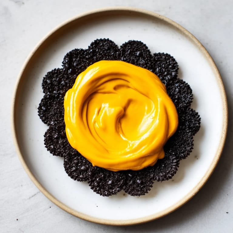 This Midnight Sun appetizer features a bright orange dip surrounded by dark, charcoal crackers.