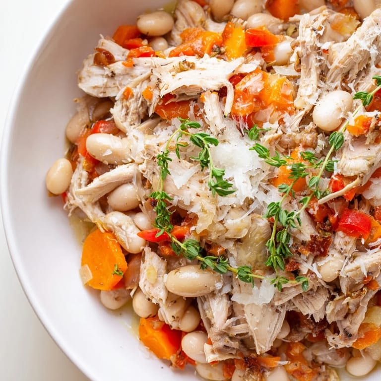 Creamy White Bean and Roasted Red Pepper Chicken simmering in broth; a glimpse of a delicious, easy meal.