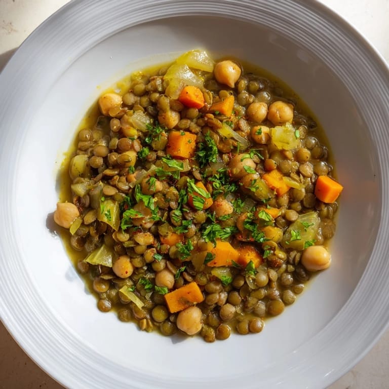 Close-up of a richly flavored Middle Eastern lentil and chickpea stew, bursting with comforting aromas.