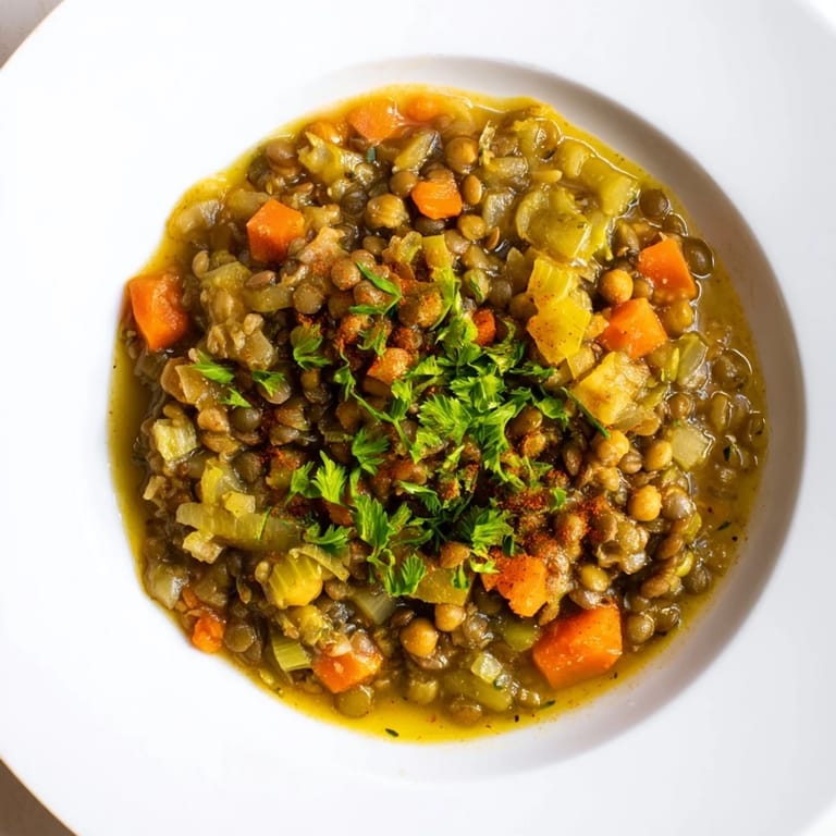Enjoy a warmly spiced, vegan Middle Eastern lentil and chickpea stew, perfect with flatbread and lemon.