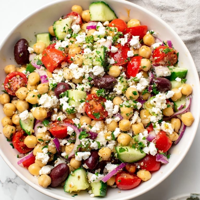 Freshly assembled Mediterranean Chickpea and Feta Bowl: chickpeas, tomatoes, olives, vegan feta, and dressing.
