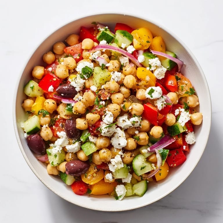 Bright, healthy Mediterranean Chickpea and Feta Bowl boasting chickpeas, veggies, and crumbles of feta cheese.