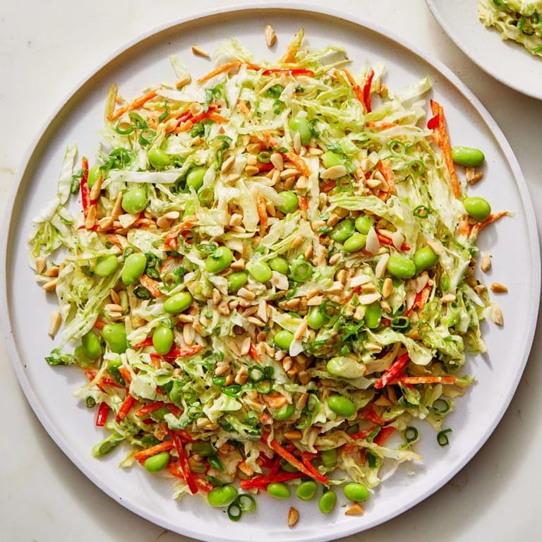 Fresh, colorful Crunchy Cabbage and Edamame Salad topped with toasted almonds, ready to be enjoyed.