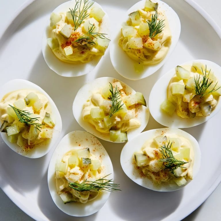 Tangy dill pickle deviled eggs, perfectly made for a picnic, showing off their egg yolk filling.
