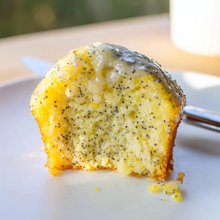 Golden-topped Lemon Poppy Seed Muffins, showing off delicious texture and ready to eat with tea.