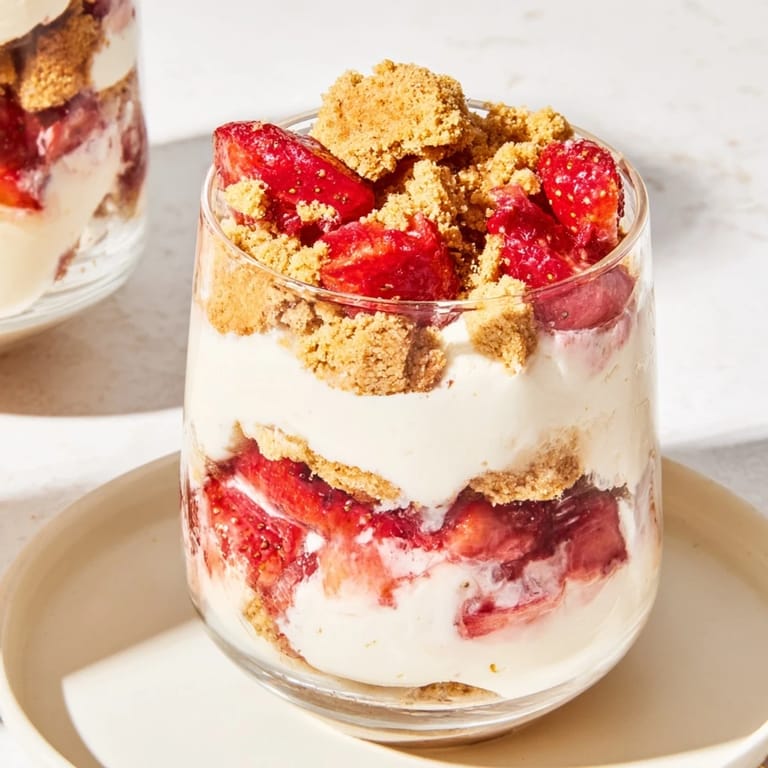 Showcasing vibrant strawberry cheesecake parfait cups, layered with cookie crumble, perfect for a refreshing treat.