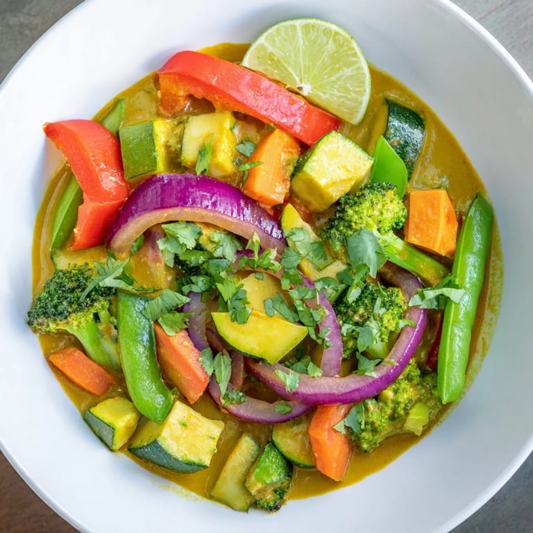 Close-up of a luscious, vegan Coconut Curry Vegetables dish, ready to be served over fluffy rice.