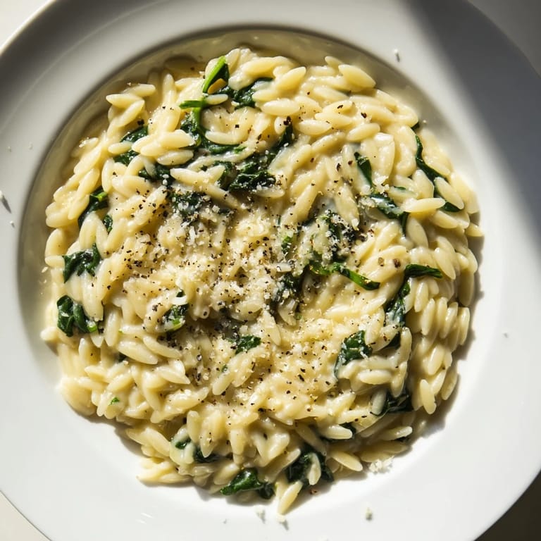 Savory creamy spinach orzo recipe photo offers a comforting look at this easy, vegetarian meal.