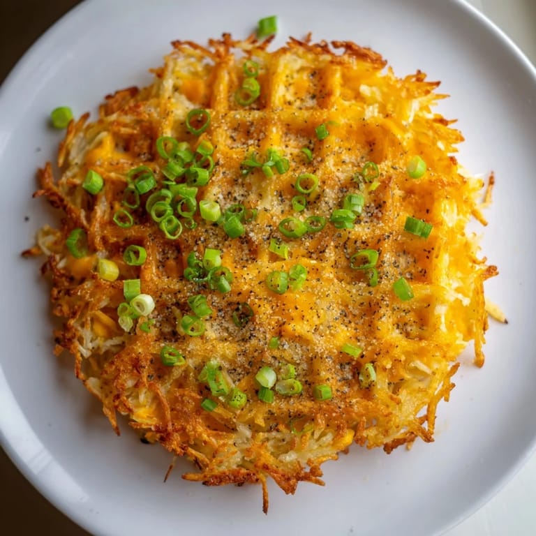 Freshly made cheesy hash brown waffles, served hot with sour cream and chives for brunch.