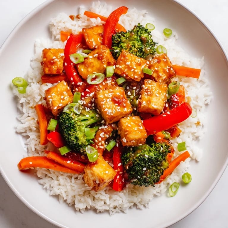 Steaming Honey Garlic Tofu Bowls, featuring glistening sauce over perfectly fried tofu, and colorful, tender vegetables.