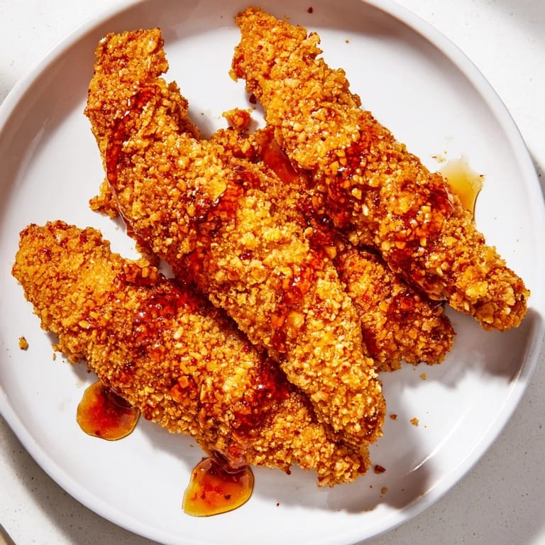 Perfectly fried crispy chicken tenders with panko crust, served with extra hot honey for drizzling.