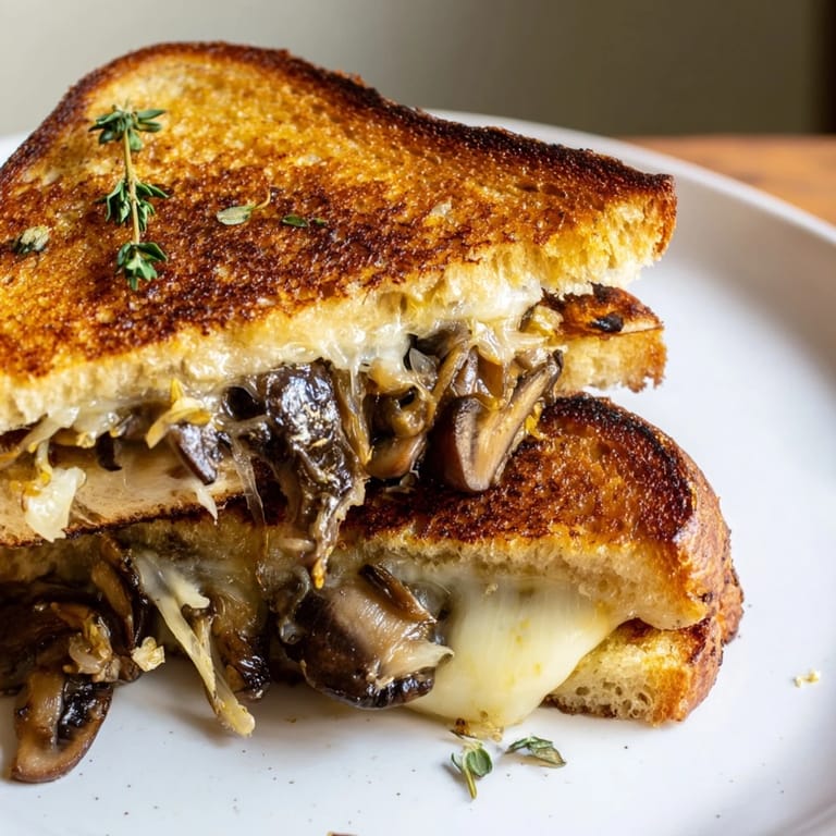 Perfectly grilled, buttery sourdough surrounding a creamy mushroom grilled cheese, ready to be devoured.