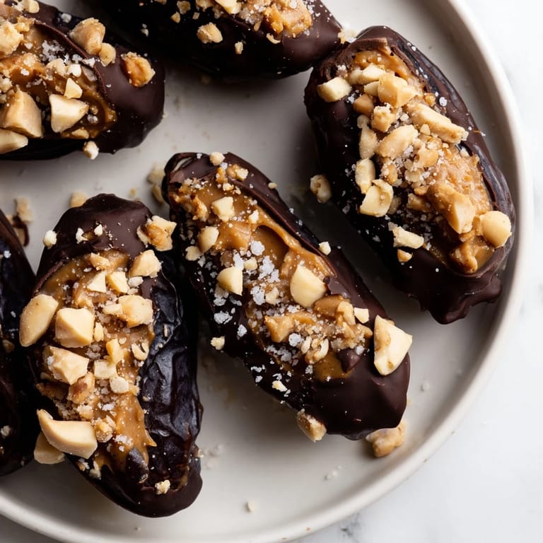These fresh Chocolate Date Snickers show juicy Medjool dates enveloped in chocolate, perfect for dessert.