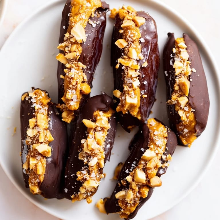 Indulge in these homemade Chocolate Date Snickers, with peanut butter filling and a dark chocolate coating.