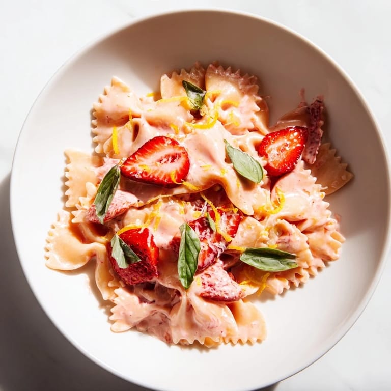 This visually appealing strawberry sour cream pasta features fresh basil and sweet, sliced strawberries beautifully.