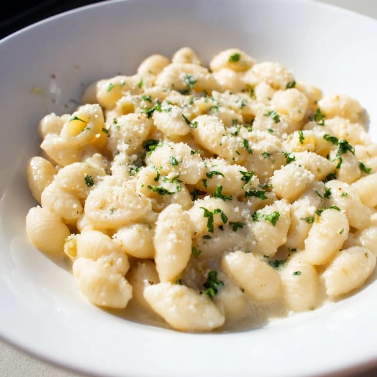 Close-up of golden ditalini pasta bathed in a creamy, garlic-infused sauce, ready to eat.