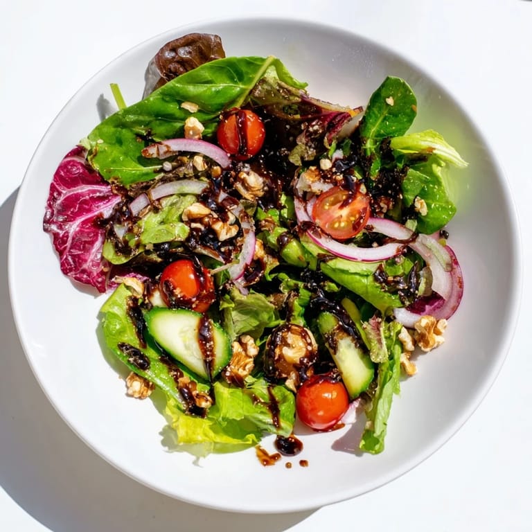 Vibrant Quick Balsamic Vinegar Salad image shows fresh tomatoes, onions and cucumber as part of the ingredients.