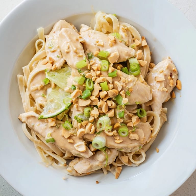 Enjoy a delicious plate of Thai Peanut Chicken Pasta, with aromatic peanut sauce and a burst of lime.