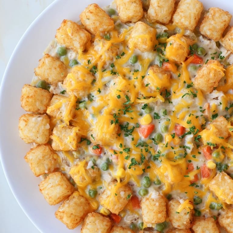 Cheesy, bubbly Crispy Tater Tot Casserole, with a steaming chicken and veggie filling below the tots.