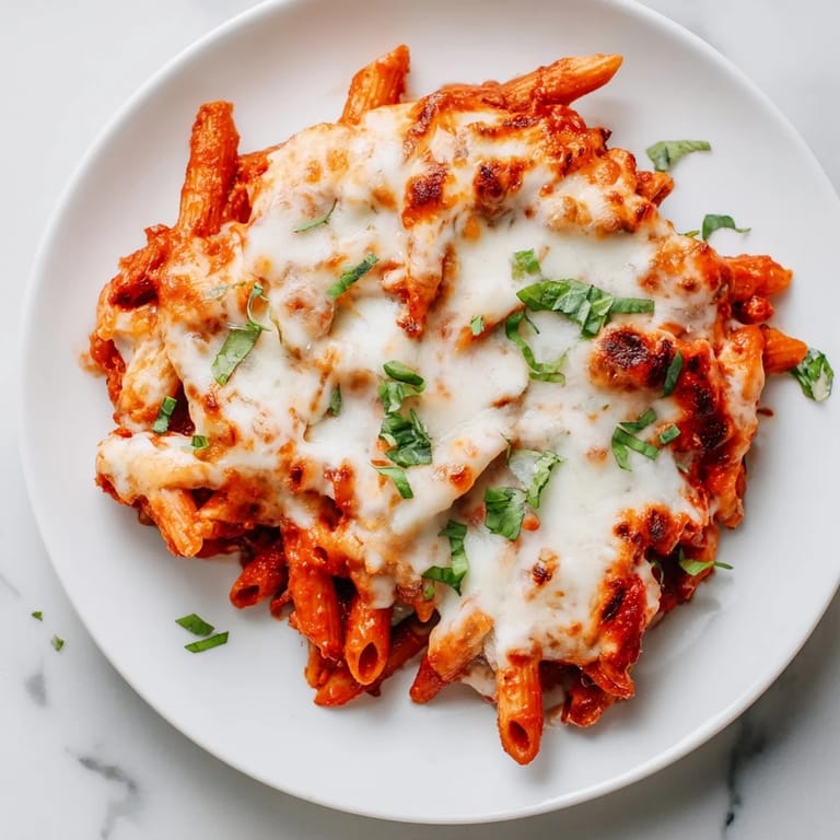 Spicy red sauce bubbling around the cheesy top of this Baked Penne Arrabbiata, ready to serve.