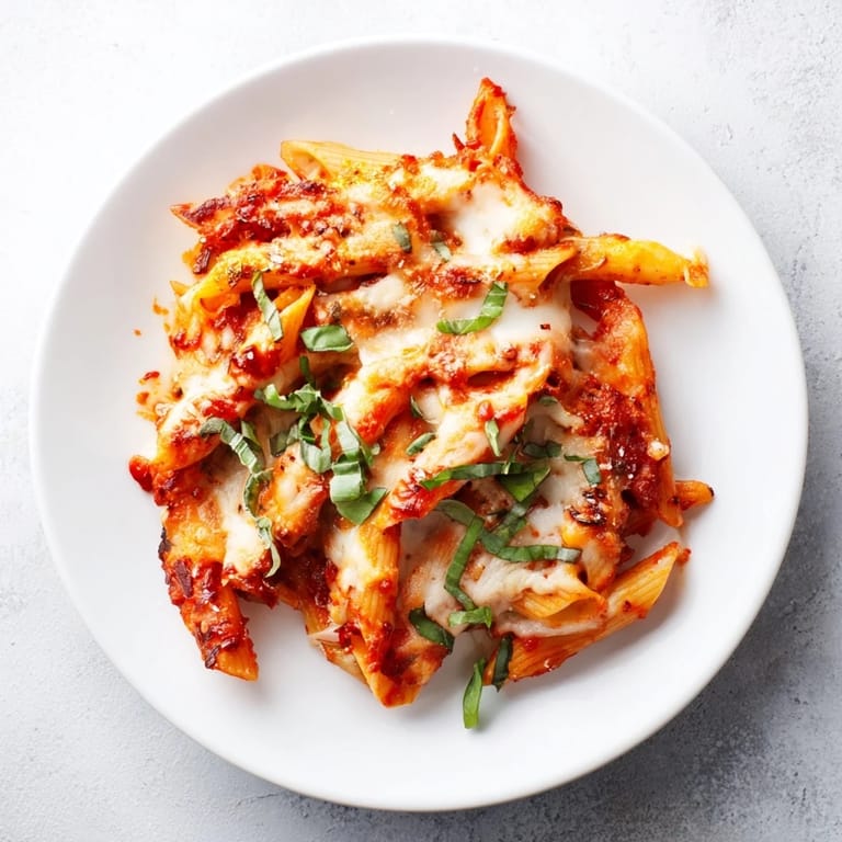 A close-up of cheesy, baked perfection: delicious, flavorful Baked Penne Arrabbiata with basil.