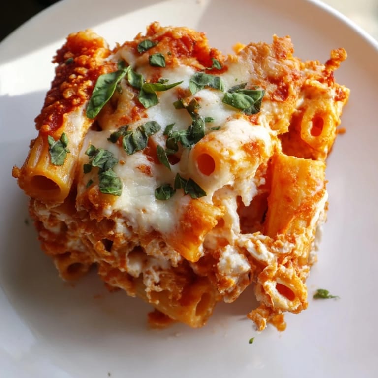 A close-up shot of a cheesy baked ziti bubbling in a pan, with melted mozzarella.