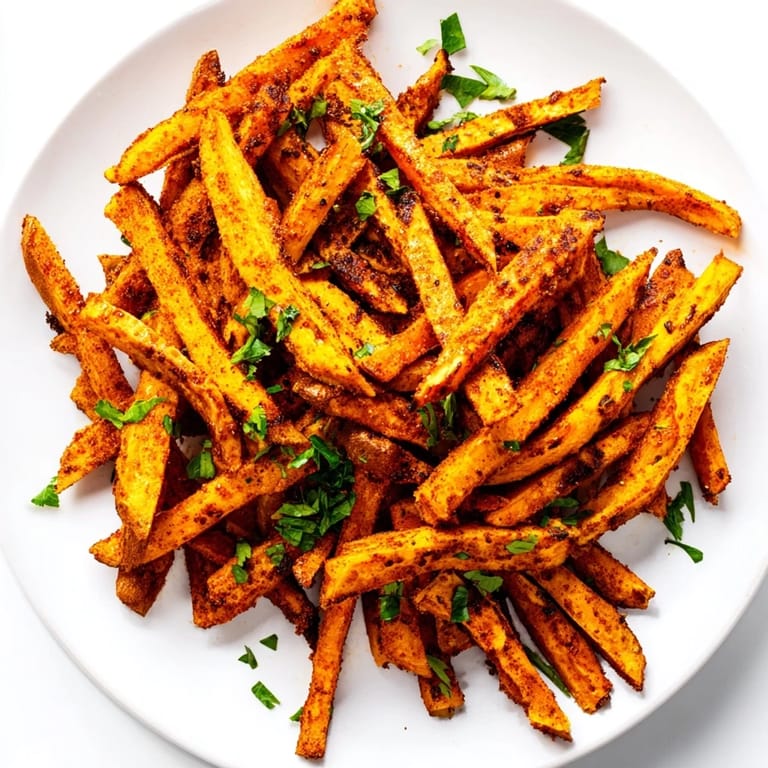 Air-fried Cajun Spiced Sweet Potato Fries glistening from oil, a flavorful side dish, lightly sprinkled.