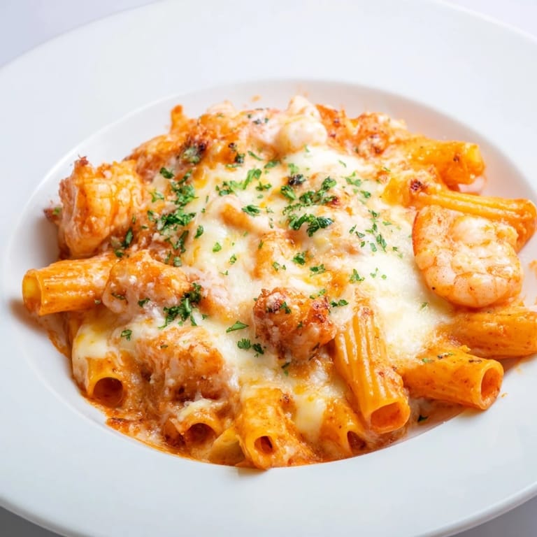 A close-up of a creamy Seafood Pasta Bake, featuring tender seafood and bubbling cheese topping.